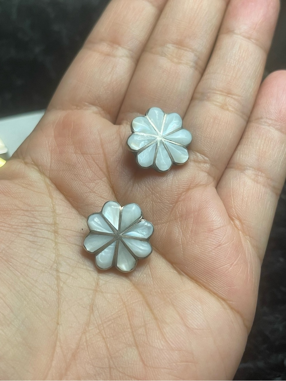 Native American Mother of Pearl Sterling Silver Flower Clip Earrings Floral